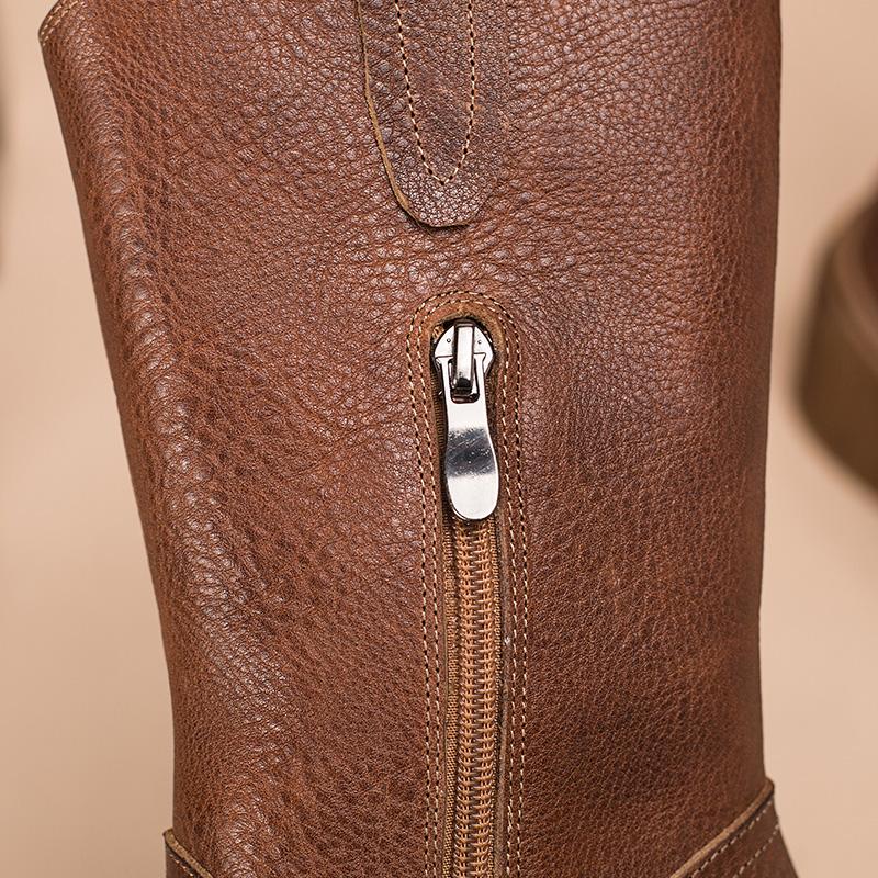 Leather Mid Calf Boots High Heel Cowboy Boots Designer Retro Chunky Riding Boots Handmade Short Plush Black/Brown - Image 10