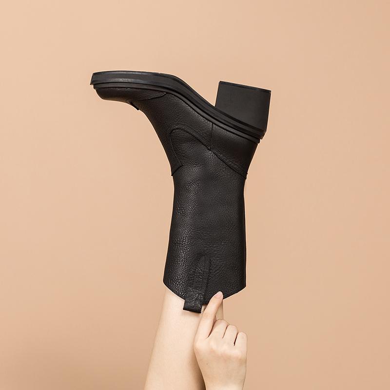 Leather Mid Calf Boots High Heel Cowboy Boots Designer Retro Chunky Riding Boots Handmade Short Plush Black/Brown - Image 5