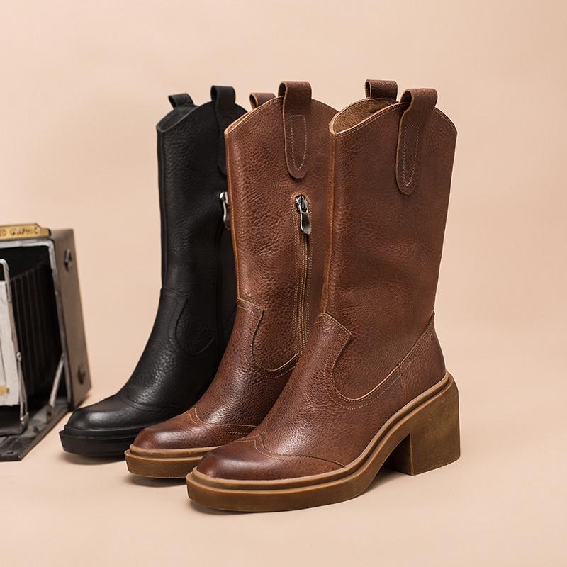 Leather Mid Calf Boots High Heel Cowboy Boots Designer Retro Chunky Riding Boots Handmade Short Plush Black/Brown - Image 8