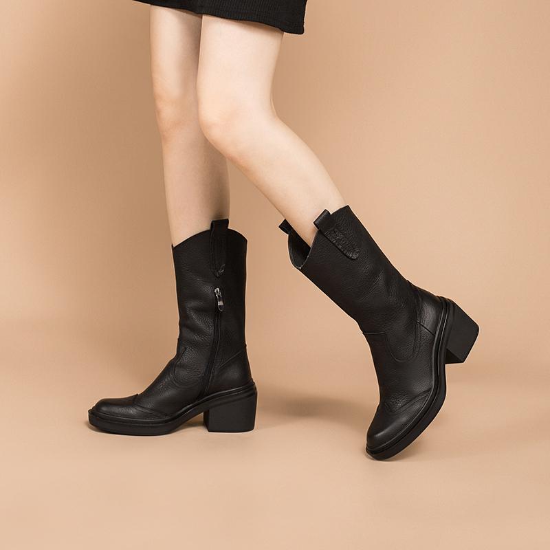 Leather Mid Calf Boots High Heel Cowboy Boots Designer Retro Chunky Riding Boots Handmade Short Plush Black/Brown - Image 6