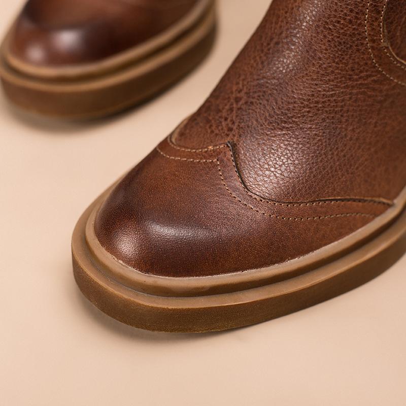 Leather Mid Calf Boots High Heel Cowboy Boots Designer Retro Chunky Riding Boots Handmade Short Plush Black/Brown - Image 9