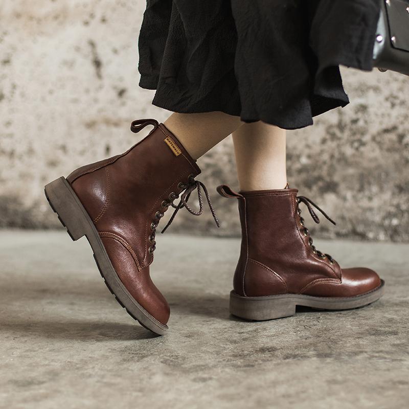 Fashion Sheepskin Combat Boots Designer Retro Chunky Riding Boots Coffee/Dark Coffee/Black - Image 2