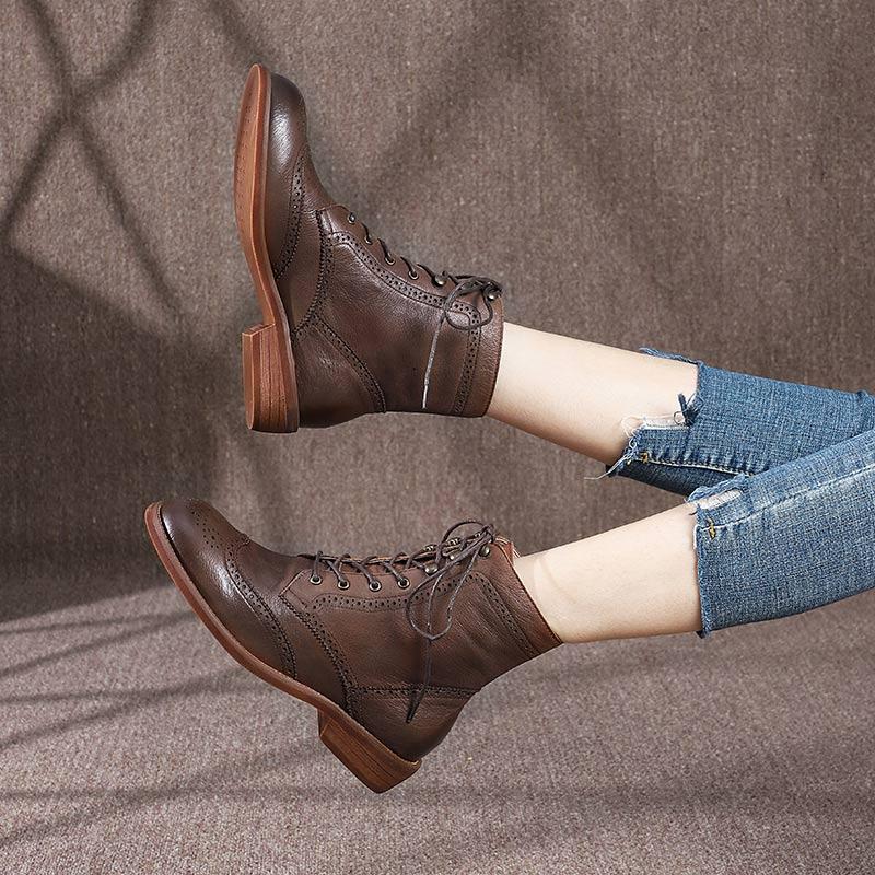 Handmade Wingtip Shoes Leather Martin Boots Block Carving Brogue Ankle Boot For Women Black/Coffee - Image 9