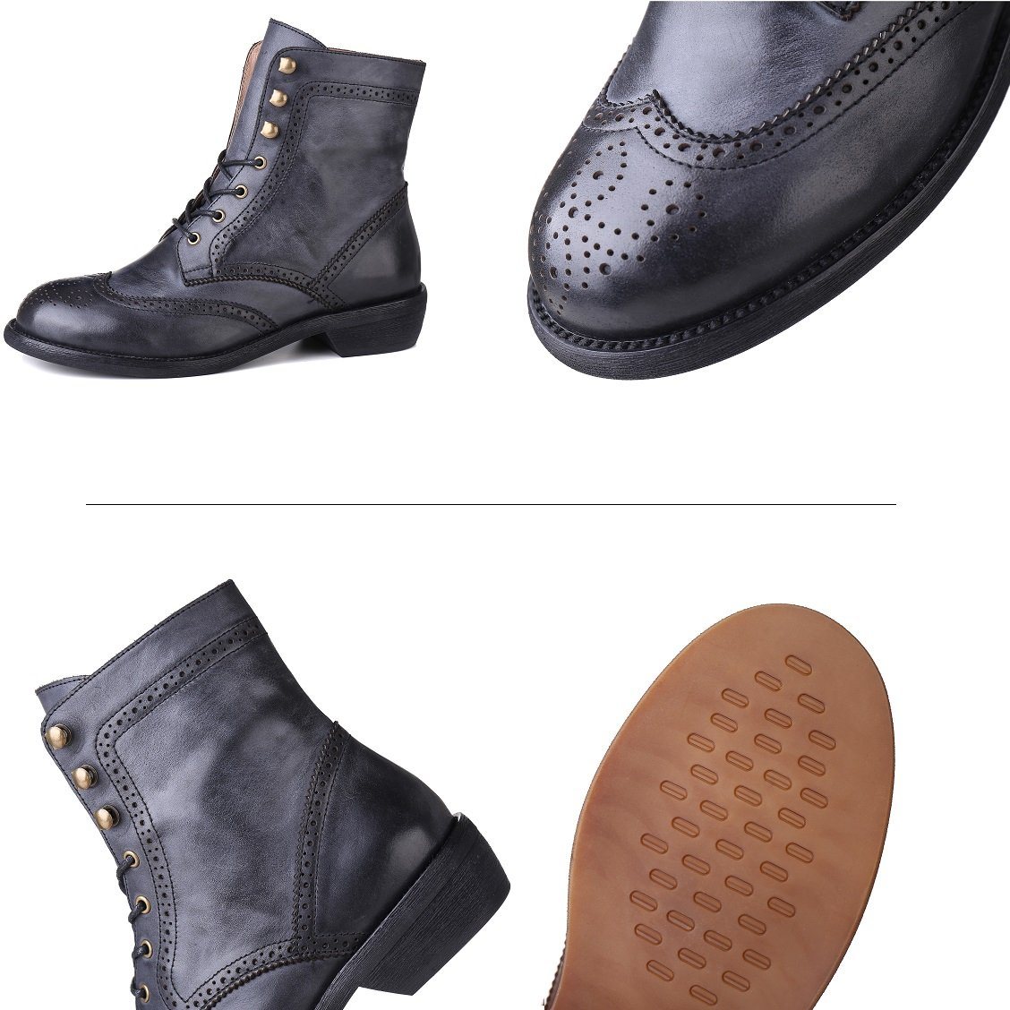 Handmade Wingtip Shoes Leather Martin Boots Block Carving Brogue Ankle Boot For Women Black/Coffee - Image 6