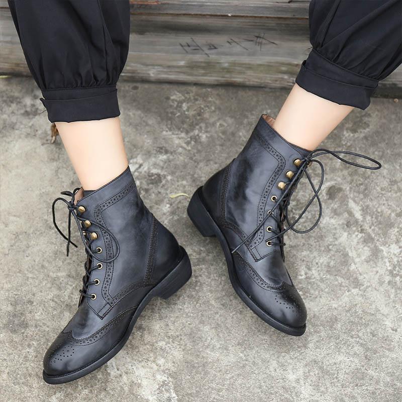 Handmade Wingtip Shoes Leather Martin Boots Block Carving Brogue Ankle Boot For Women Black/Coffee - Image 4