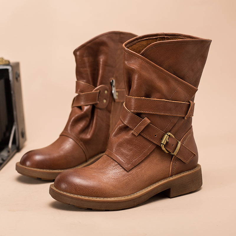 Women's Retro Leather Mid Calf Boots for Winter Buckles Boots Coffee/Brown/Black - Image 10