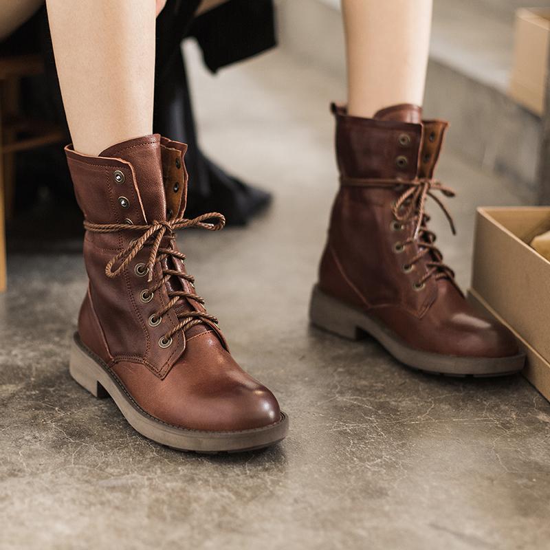 Handmade Sheepskin Combat Boots Designer Retro Chunky Riding Boots Coffee/Dark Coffee/Black - Image 9