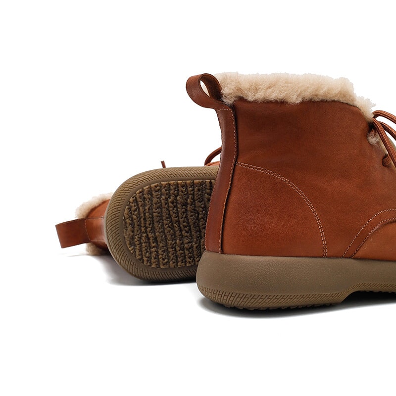 Women’s Shearling Lined Leather Lace-Up Ankle Boots Winter Warm Flat Boots in Brown/Black/Coffee - Image 5
