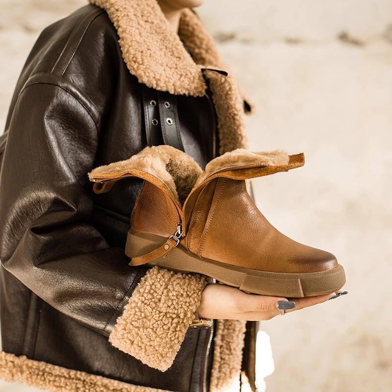 Waxing Leather Chelsea Boots Handmade British Boots Double Zip Fleece Lined Snow Boots