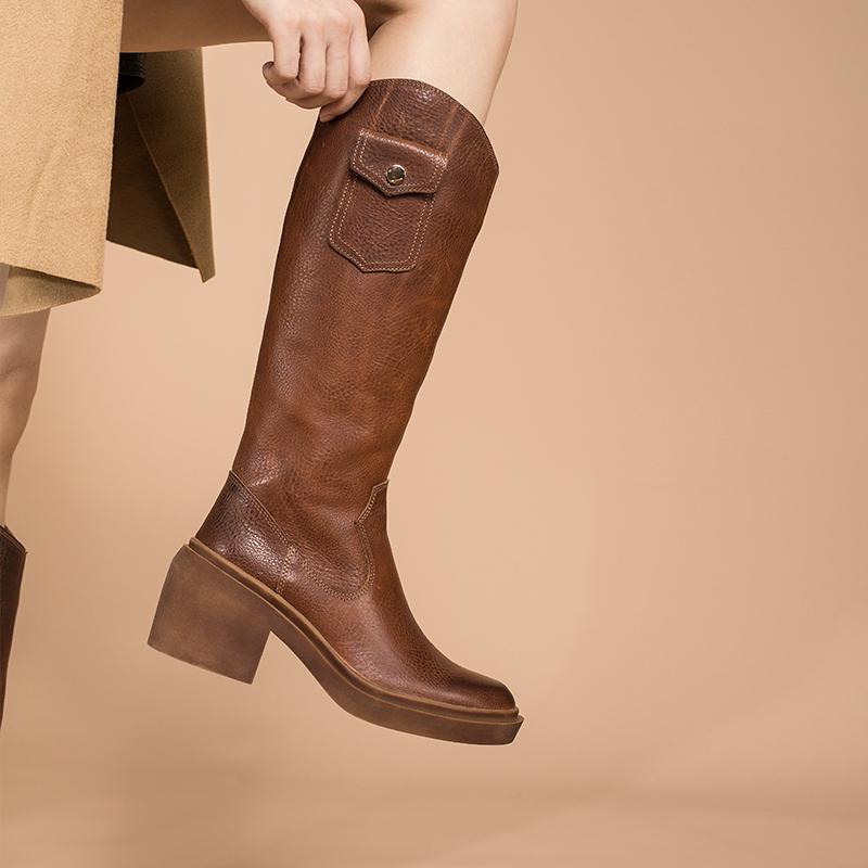 Leather Cowboy Boots Designer Retro Chunky Riding Boots Knee High Boots Handmade High Heel Short Plush Black/Brown - Image 4