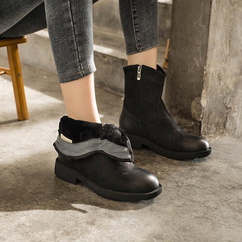 Chunky Heel Short Plush Lined Leather Short Boots For Winer Snow Boots in Black / Coffee - Image 5