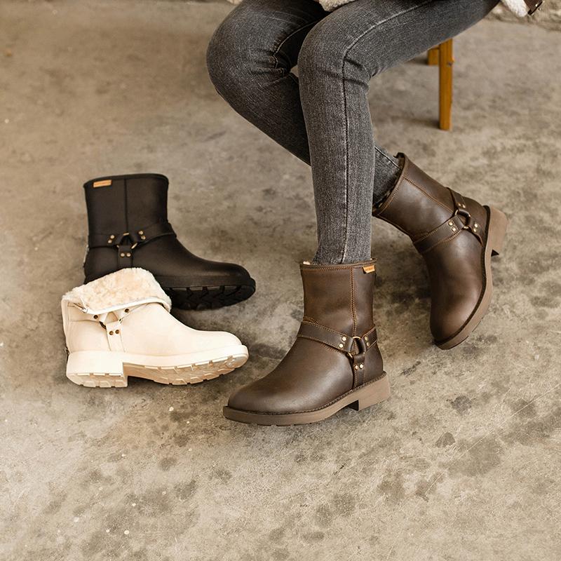 Waxing Leather Buckle Boots Handmade British Boots Fleece Lined Snow Boots Black/White/Coffee - Image 3