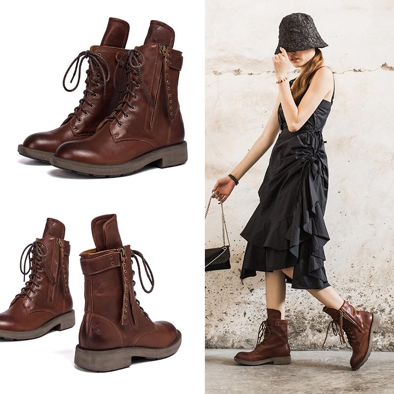 Punk Sheepskin Combat Boots Designer Retro Chunky Riding Boots Side Zip Coffee/Dark Coffee/Black - Image 10