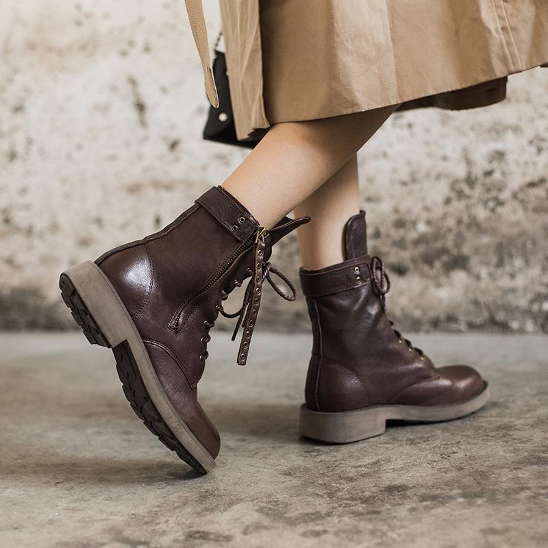 Punk Sheepskin Combat Boots Designer Retro Chunky Riding Boots Side Zip Coffee/Dark Coffee/Black - Image 4