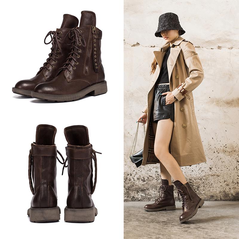 Punk Sheepskin Combat Boots Designer Retro Chunky Riding Boots Side Zip Coffee/Dark Coffee/Black - Image 9