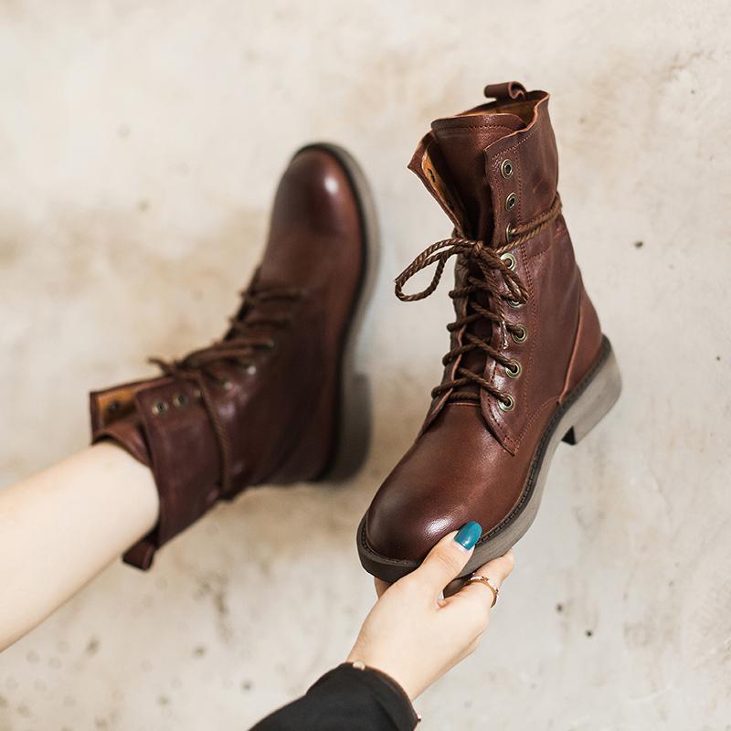 Handmade Sheepskin Combat Boots Designer Retro Chunky Riding Boots Coffee/Dark Coffee/Black - Image 7