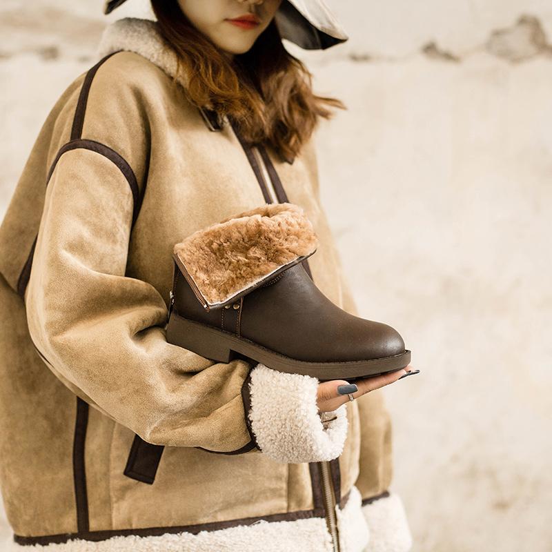 Waxing Leather Buckle Boots Handmade British Boots Fleece Lined Snow Boots Black/White/Coffee