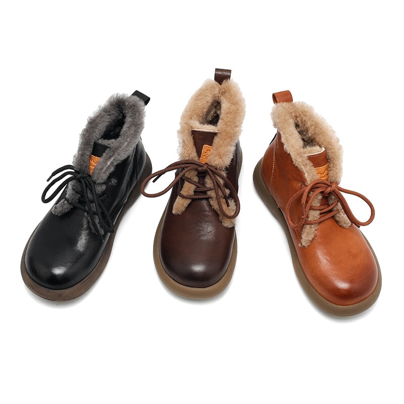 Women’s Shearling Lined Leather Lace-Up Ankle Boots Winter Warm Flat Boots in Brown/Black/Coffee - Image 2