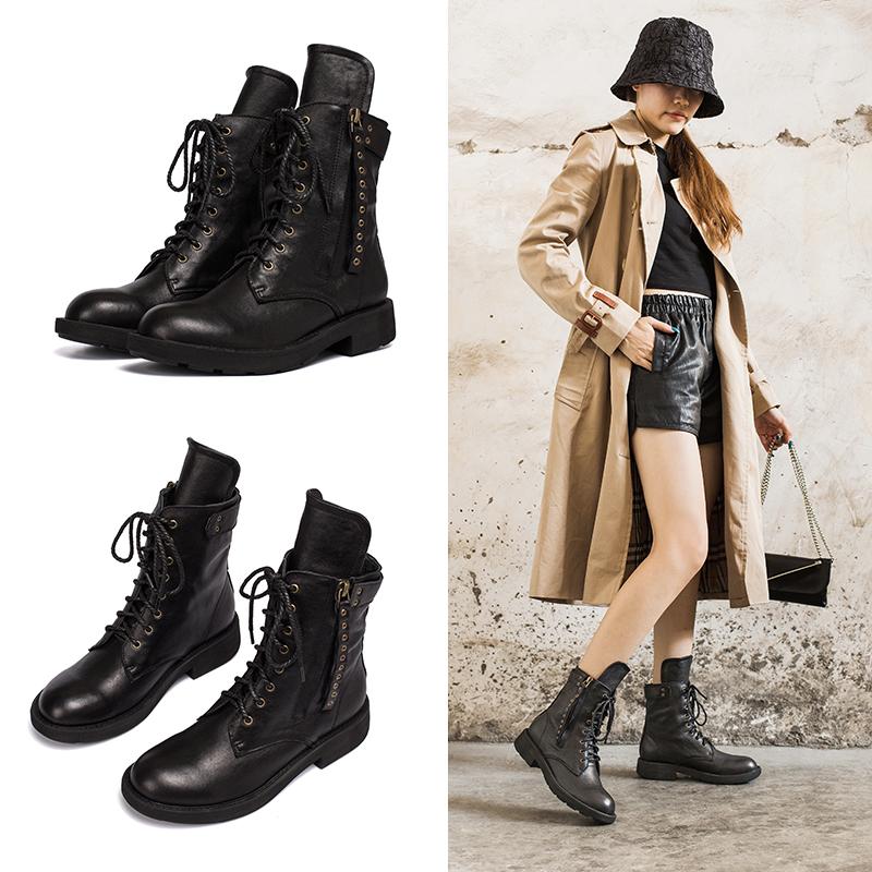 Punk Sheepskin Combat Boots Designer Retro Chunky Riding Boots Side Zip Coffee/Dark Coffee/Black - Image 11