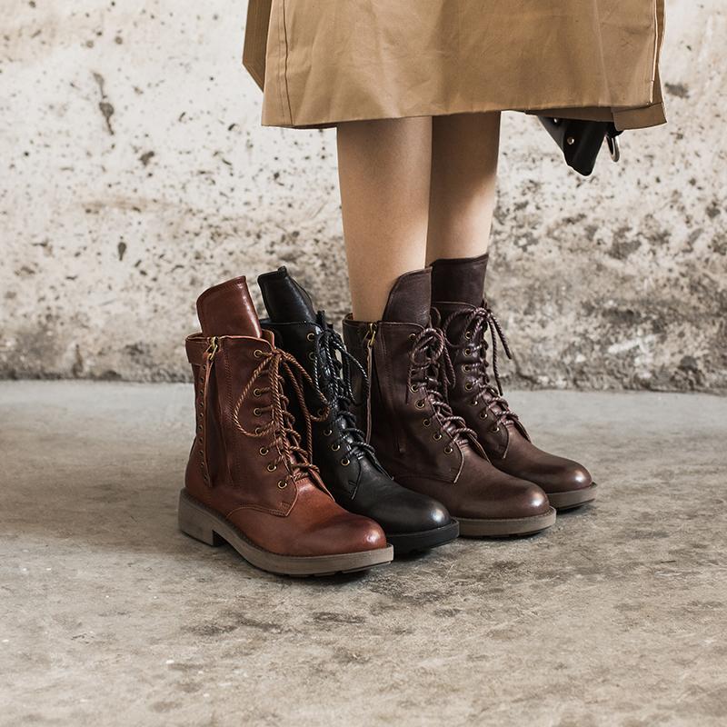 Punk Sheepskin Combat Boots Designer Retro Chunky Riding Boots Side Zip Coffee/Dark Coffee/Black - Image 3