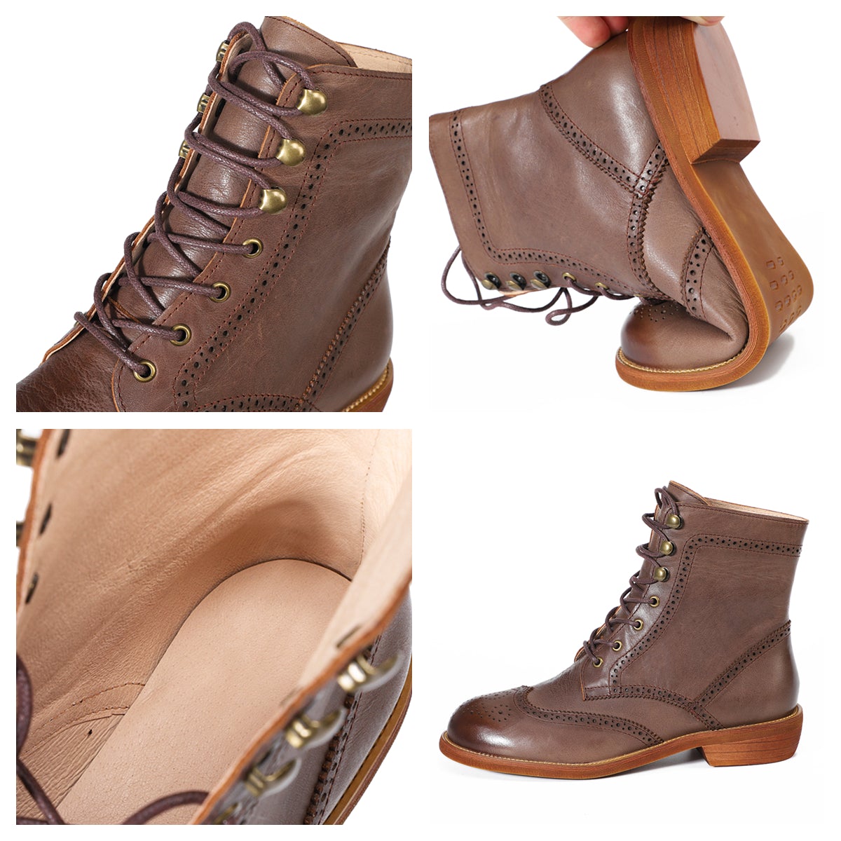 Handmade Wingtip Shoes Leather Martin Boots Block Carving Brogue Ankle Boot For Women Black/Coffee - Image 11