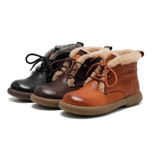 Women’s Shearling Lined Leather Lace-Up Ankle Boots Winter Warm Flat Boots in Brown/Black/Coffee
