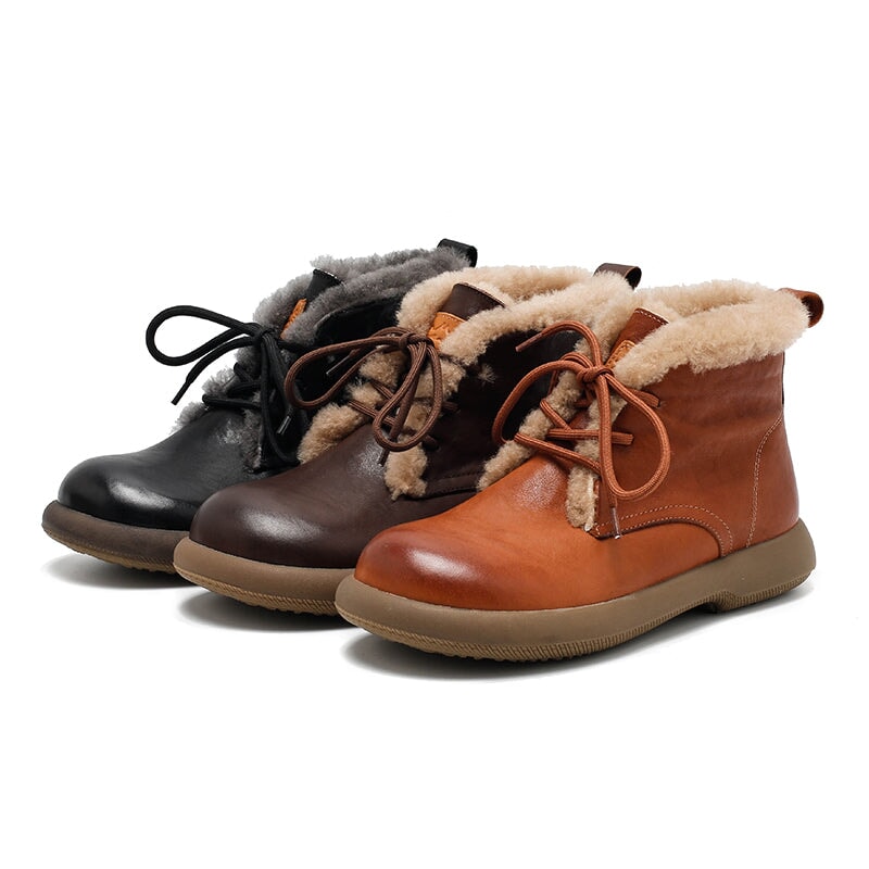 Women’s Shearling Lined Leather Lace-Up Ankle Boots Winter Warm Flat Boots in Brown/Black/Coffee