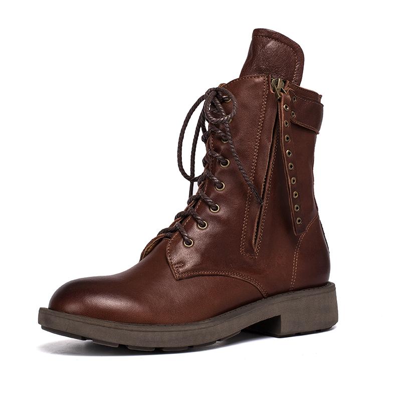 Punk Sheepskin Combat Boots Designer Retro Chunky Riding Boots Side Zip Coffee/Dark Coffee/Black - Image 6