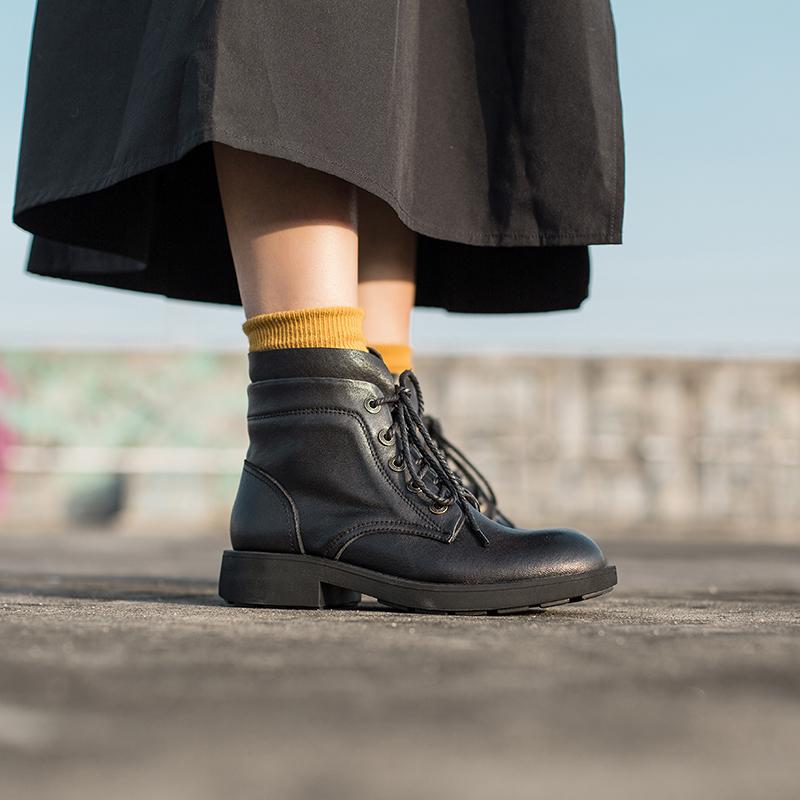 Waxing Sheepskin Leather Combat Boots Lace Up Martin Boots Black/Coffee - Image 8