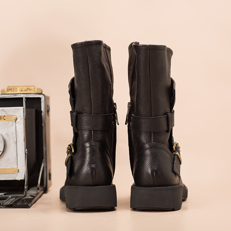 Women's Retro Leather Mid Calf Boots for Winter Buckles Boots Coffee/Brown/Black - Image 9