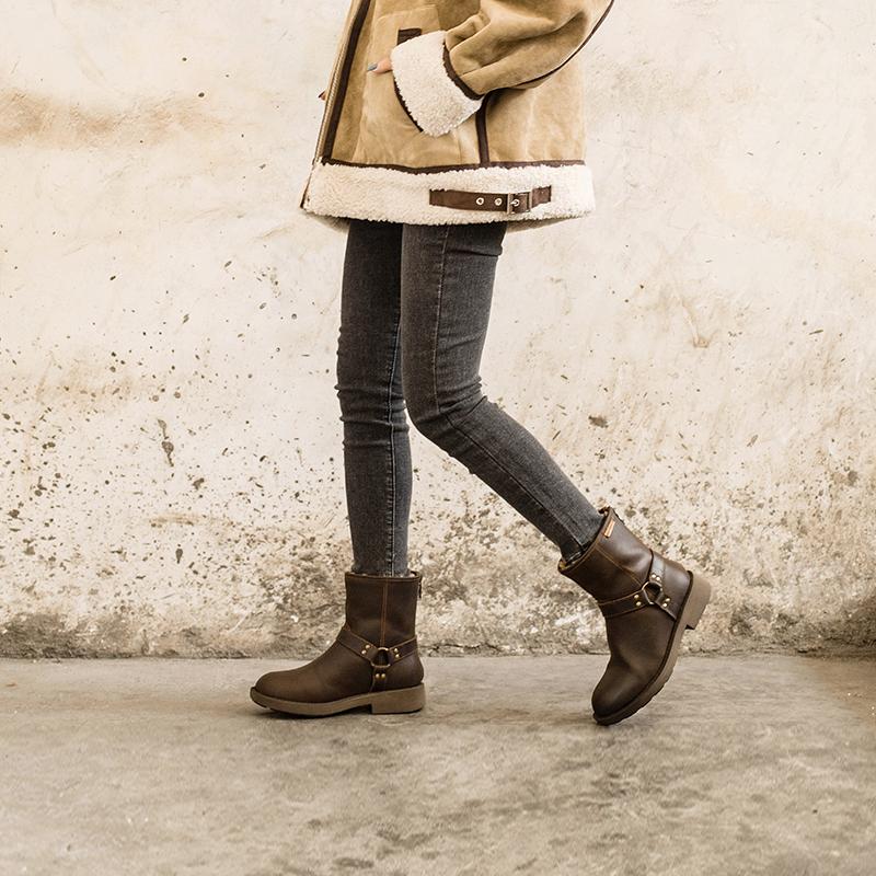 Waxing Leather Buckle Boots Handmade British Boots Fleece Lined Snow Boots Black/White/Coffee - Image 9