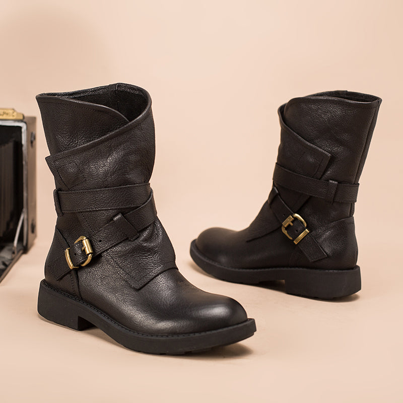 Women's Retro Leather Mid Calf Boots for Winter Buckles Boots Coffee/Brown/Black - Image 8