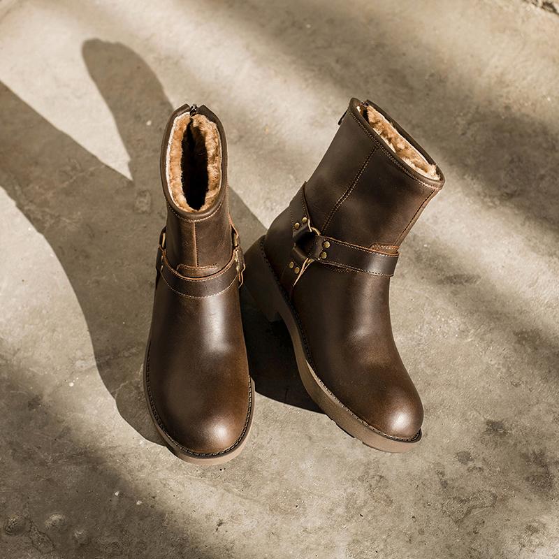 Waxing Leather Buckle Boots Handmade British Boots Fleece Lined Snow Boots Black/White/Coffee - Image 8