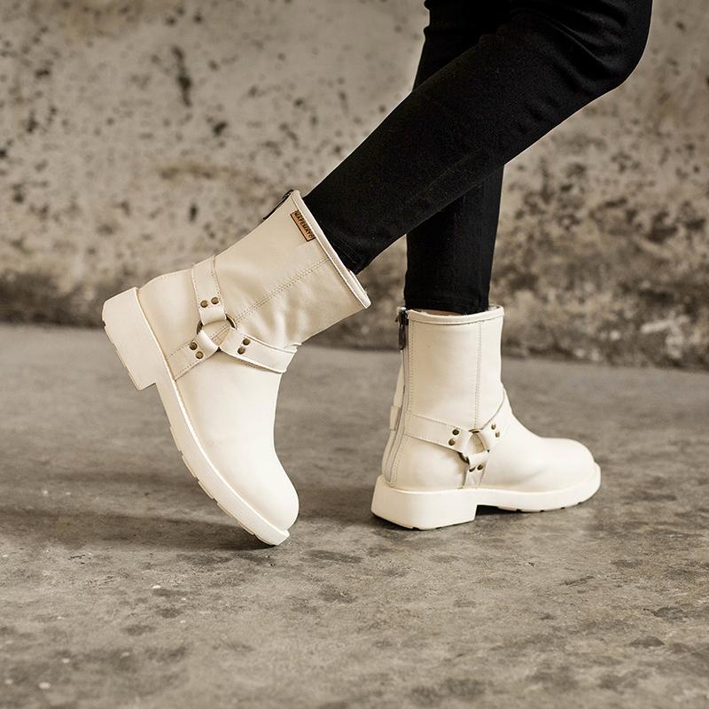 Waxing Leather Buckle Boots Handmade British Boots Fleece Lined Snow Boots Black/White/Coffee - Image 4