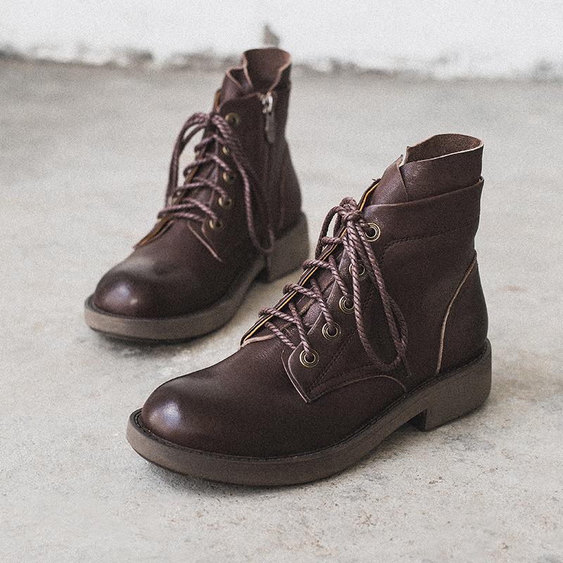 Waxing Sheepskin Leather Combat Boots Lace Up Martin Boots Black/Coffee - Image 3