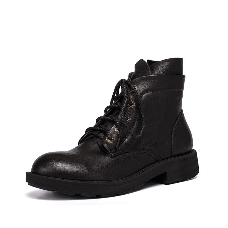 Waxing Sheepskin Leather Combat Boots Lace Up Martin Boots Black/Coffee - Image 10