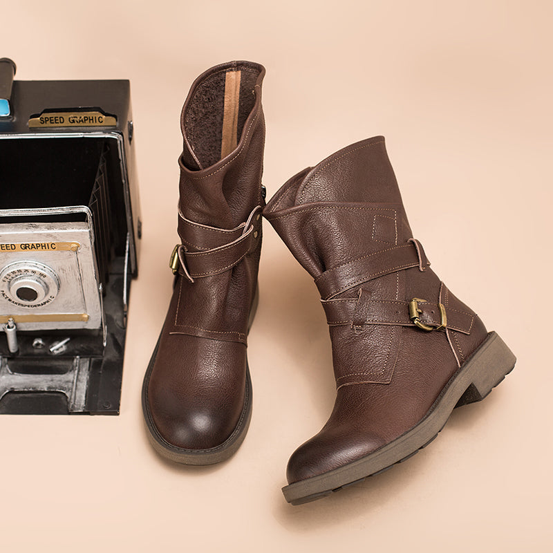 Women's Retro Leather Mid Calf Boots for Winter Buckles Boots Coffee/Brown/Black - Image 7