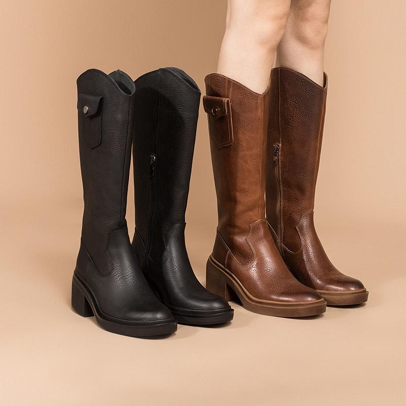 Leather Cowboy Boots Designer Retro Chunky Riding Boots Knee High Boots Handmade High Heel Short Plush Black/Brown - Image 7