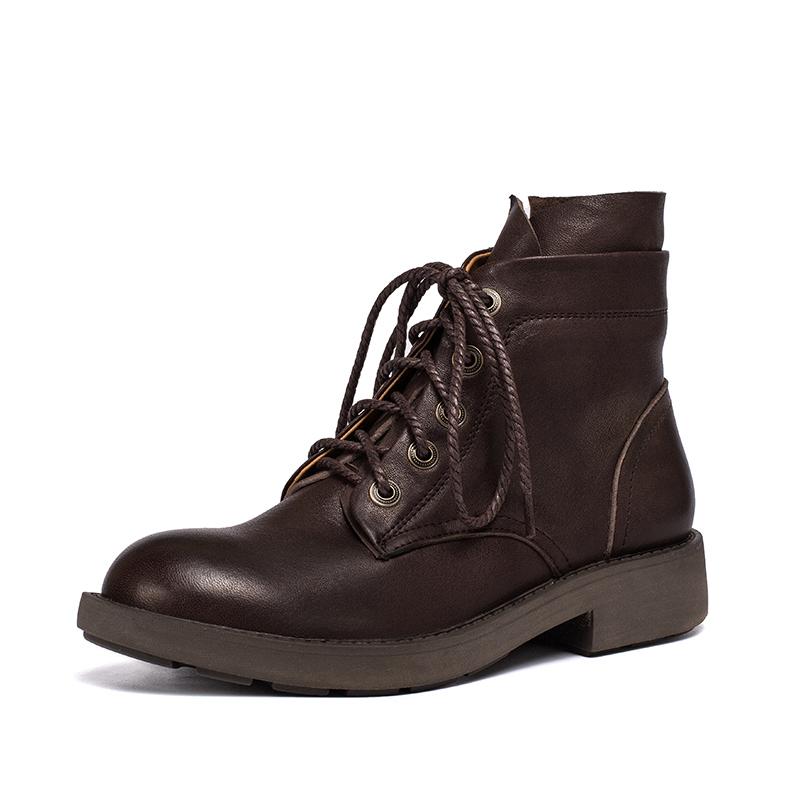 Waxing Sheepskin Leather Combat Boots Lace Up Martin Boots Black/Coffee - Image 11