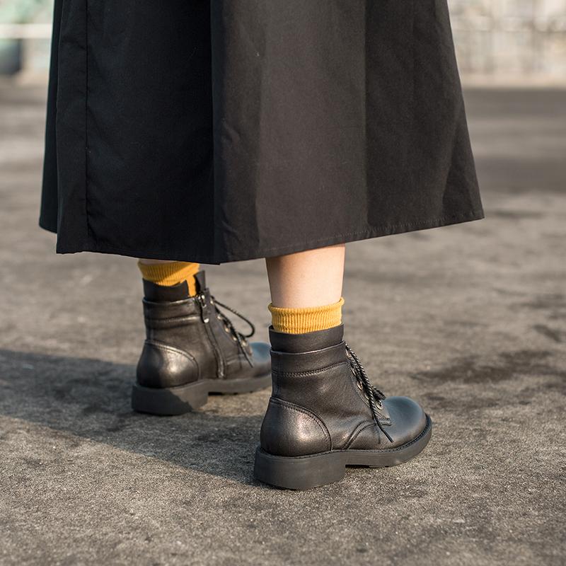 Waxing Sheepskin Leather Combat Boots Lace Up Martin Boots Black/Coffee - Image 9