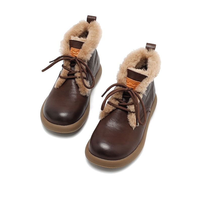 Women’s Shearling Lined Leather Lace-Up Ankle Boots Winter Warm Flat Boots in Brown/Black/Coffee - Image 7