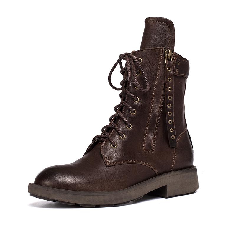 Punk Sheepskin Combat Boots Designer Retro Chunky Riding Boots Side Zip Coffee/Dark Coffee/Black - Image 7