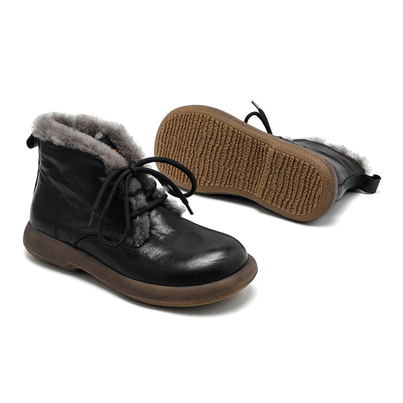 Women’s Shearling Lined Leather Lace-Up Ankle Boots Winter Warm Flat Boots in Brown/Black/Coffee - Image 6