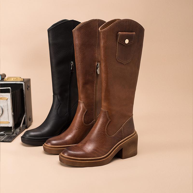 Leather Cowboy Boots Designer Retro Chunky Riding Boots Knee High Boots Handmade High Heel Short Plush Black/Brown - Image 6