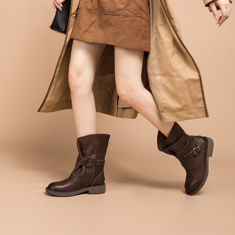 Women's Retro Leather Mid Calf Boots for Winter Buckles Boots Coffee/Brown/Black - Image 3