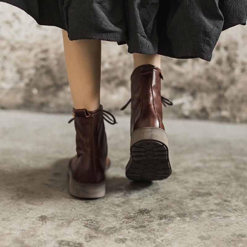 Fashion Sheepskin Combat Boots Designer Retro Chunky Riding Boots Coffee/Dark Coffee/Black - Image 3