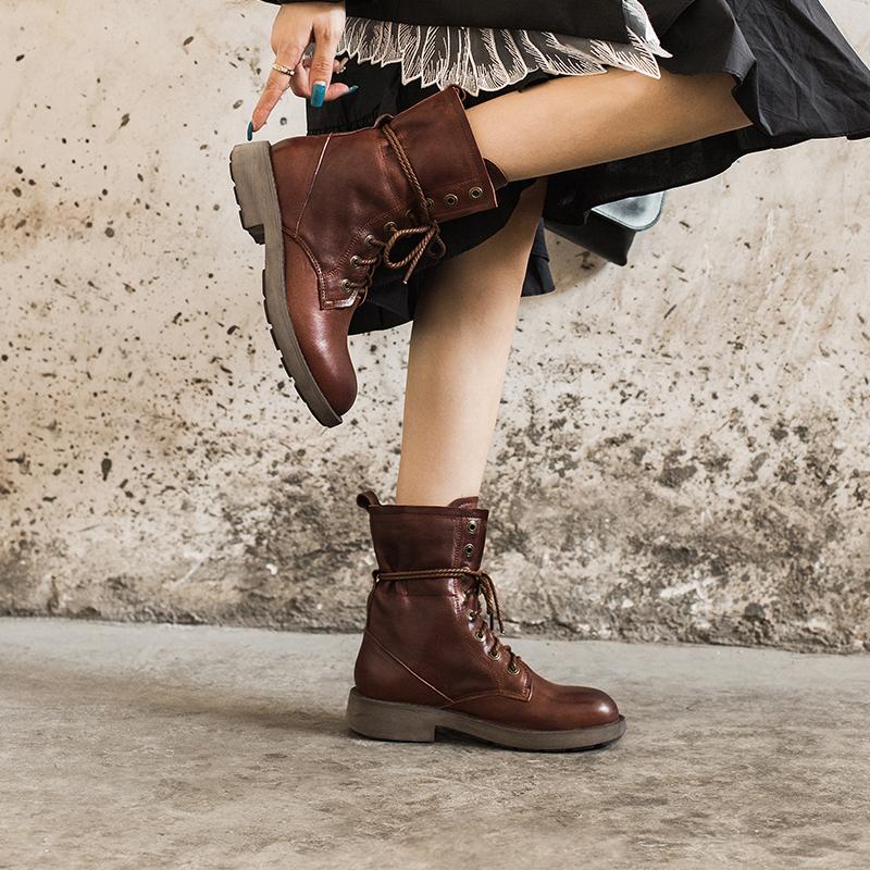 Handmade Sheepskin Combat Boots Designer Retro Chunky Riding Boots Coffee/Dark Coffee/Black - Image 8