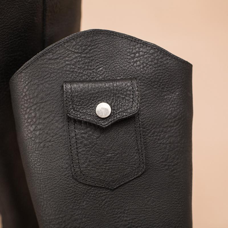 Leather Cowboy Boots Designer Retro Chunky Riding Boots Knee High Boots Handmade High Heel Short Plush Black/Brown - Image 13