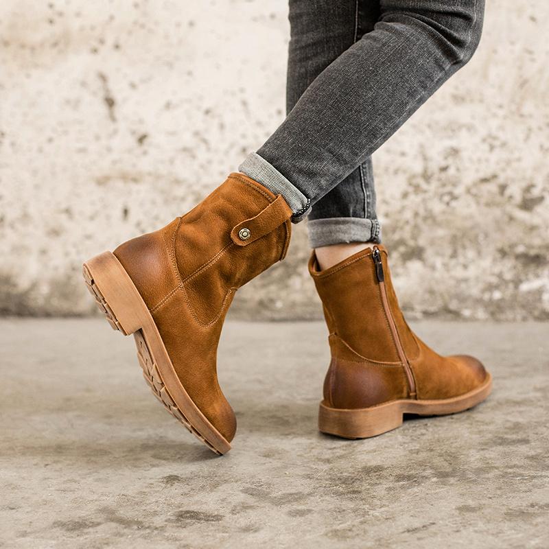 Chunky Heel Short Plush Lined Leather Short Boots For Winer Snow Boots in Black / Coffee - Image 8