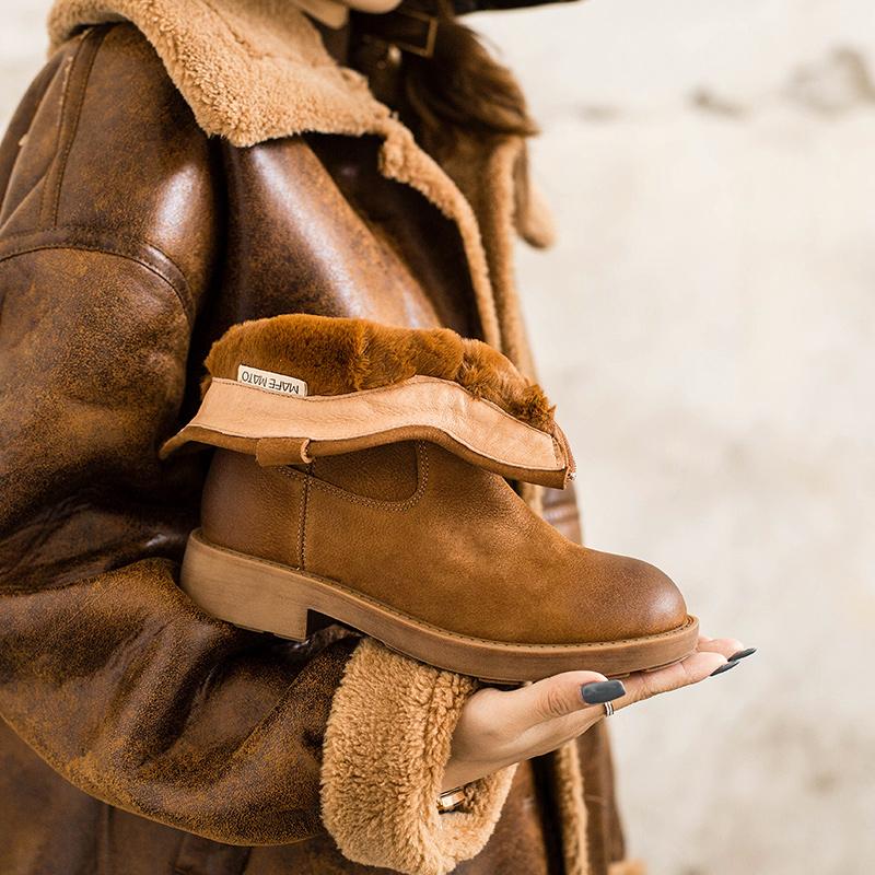 Chunky Heel Short Plush Lined Leather Short Boots For Winer Snow Boots in Black / Coffee - Image 3